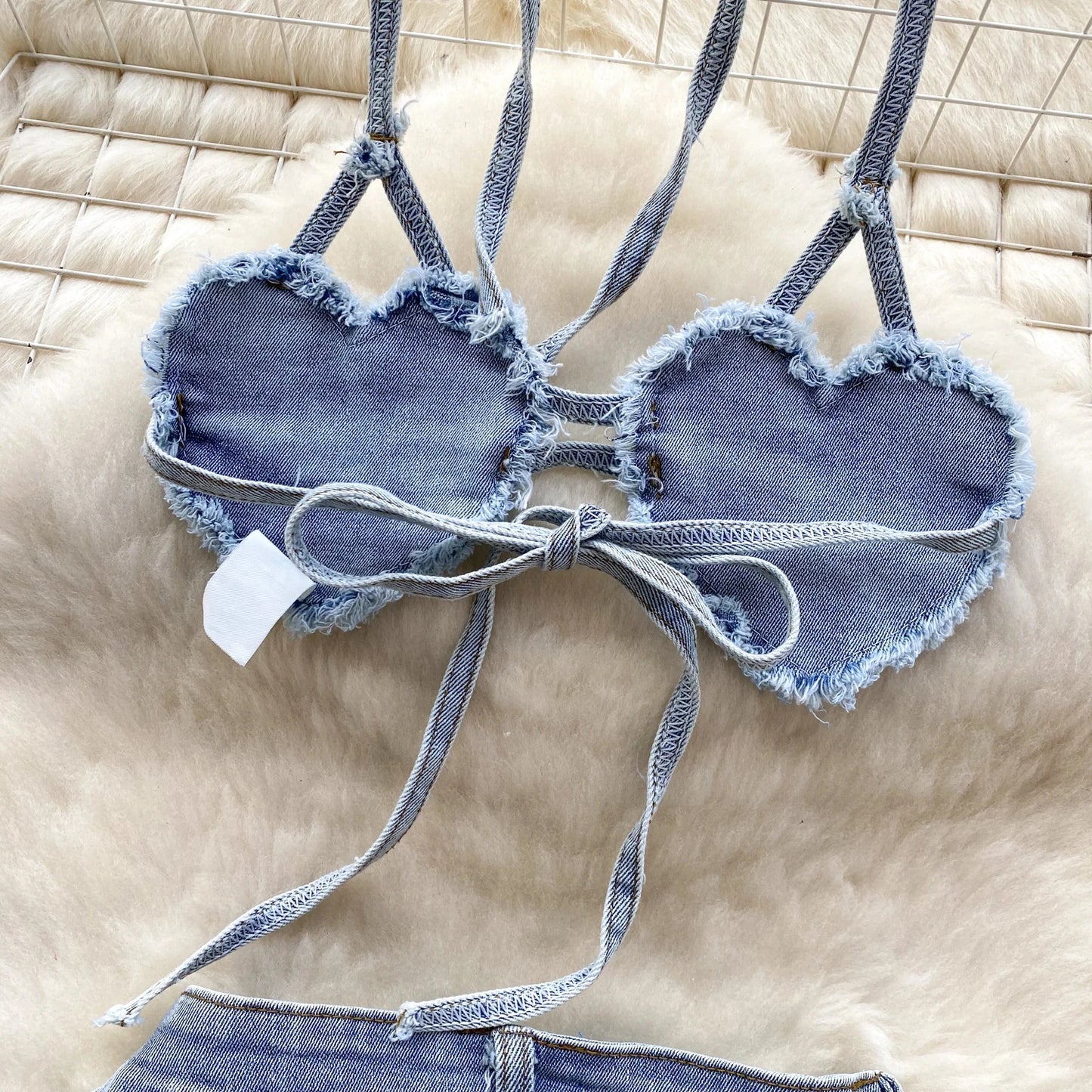 Blue American Hotsweet Sets Halter Sleeveless Backless Love Bikini Tops Button Basics Shorts Sexy Denim Suits Vintage Beach Suit