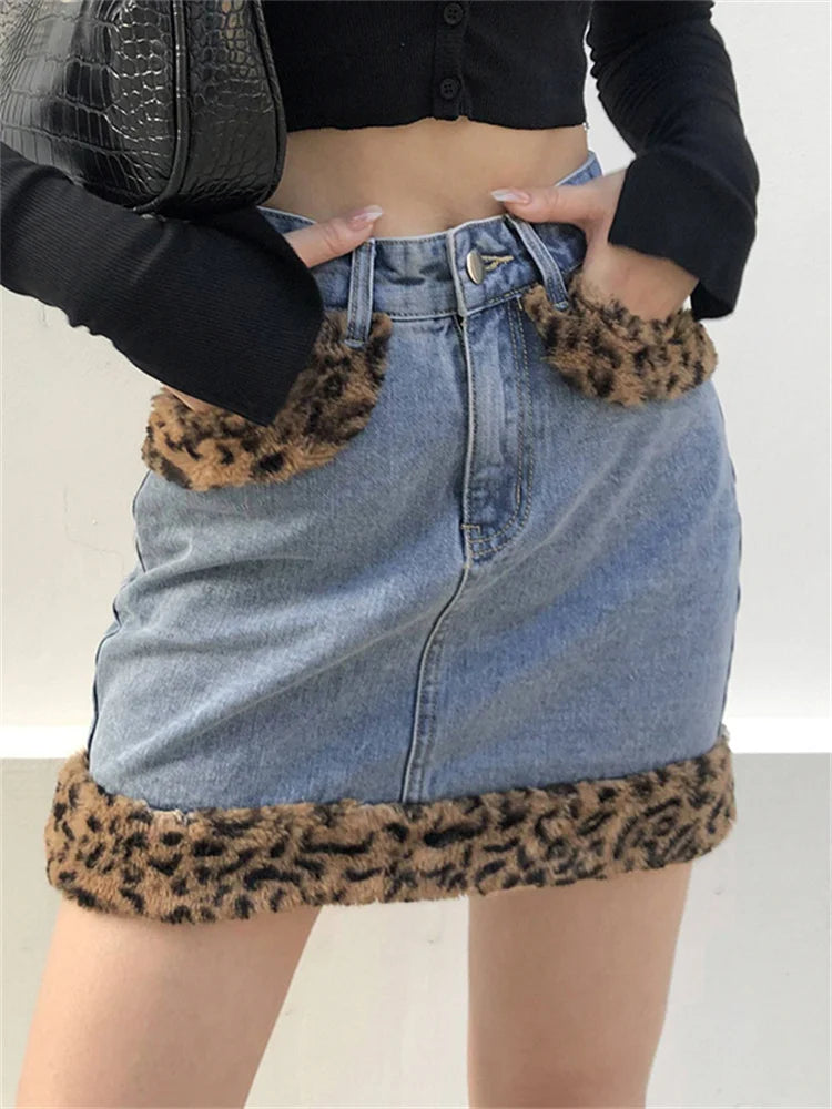 Leopard Printed Skinny Bodycon Aesthetic Denim Skirt