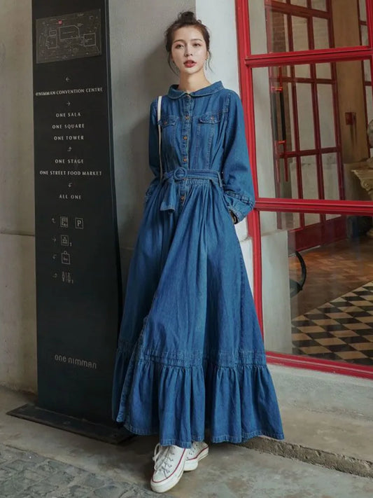 French Retro Denim Robe - Solid Large-Skirt Hem Long Dress