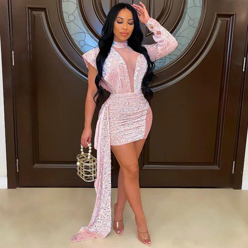 Sequin See-Through High-Neck Long-Sleeve Bodycon Tail Mini Dress