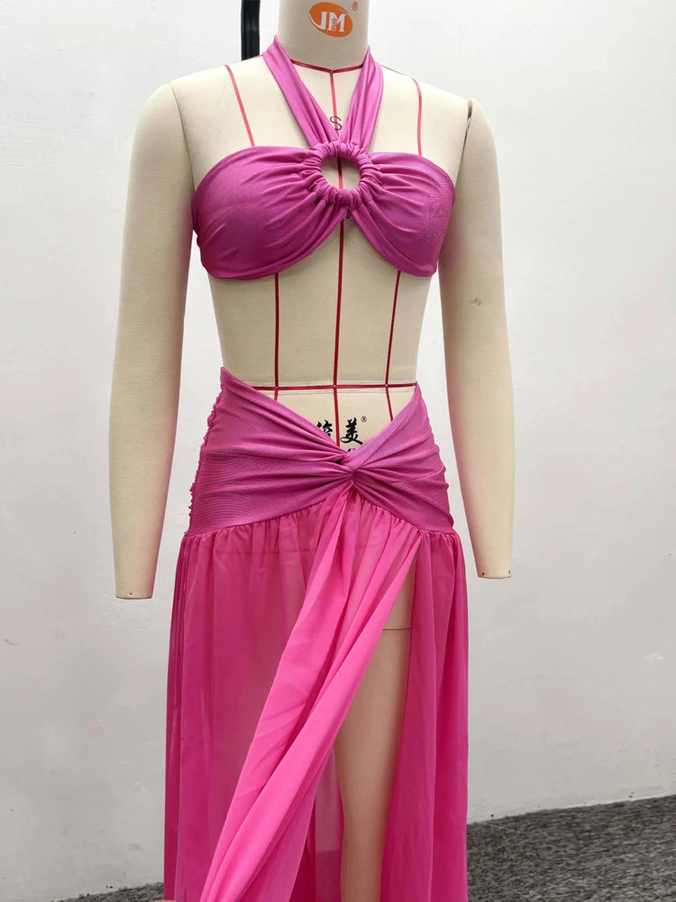 Beyprern Elegant Halter Neck O-Rings Crop Top And Ruched Maxi Skirt Set Holiday Outfits Female High Slit Beach Vestidos Clubwear