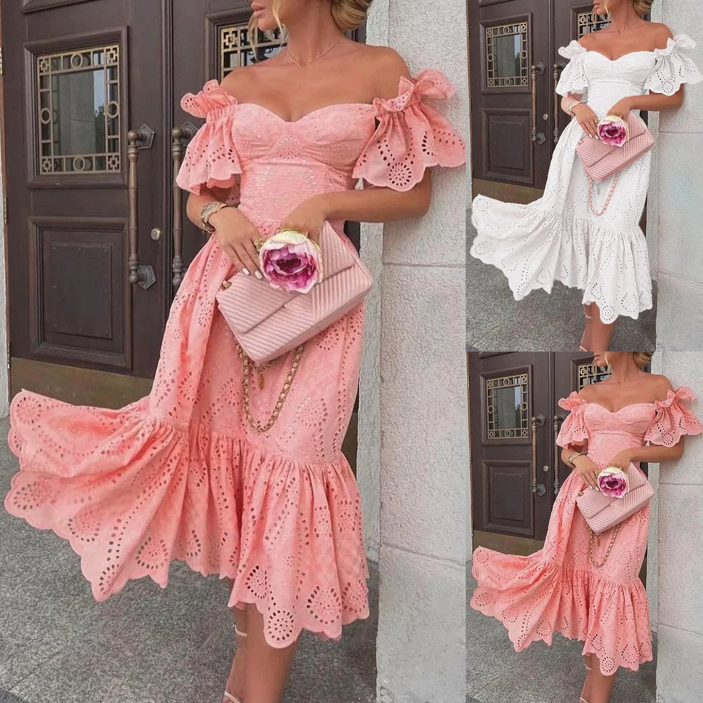 Off-Shoulder Ruffled Solid-Colour Hollow-Out Dress