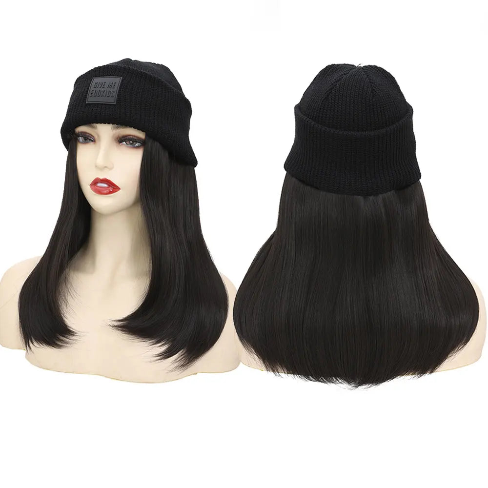 S-noilite Synthetic Black Hat Wig Beanies Hat With Hair Wigs For Women Straight Wavy Hair Warm Plush Knitted Autumn Winter Cap