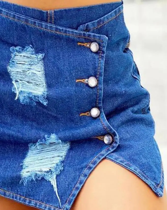 Button Fly Ripped Denim Skorts