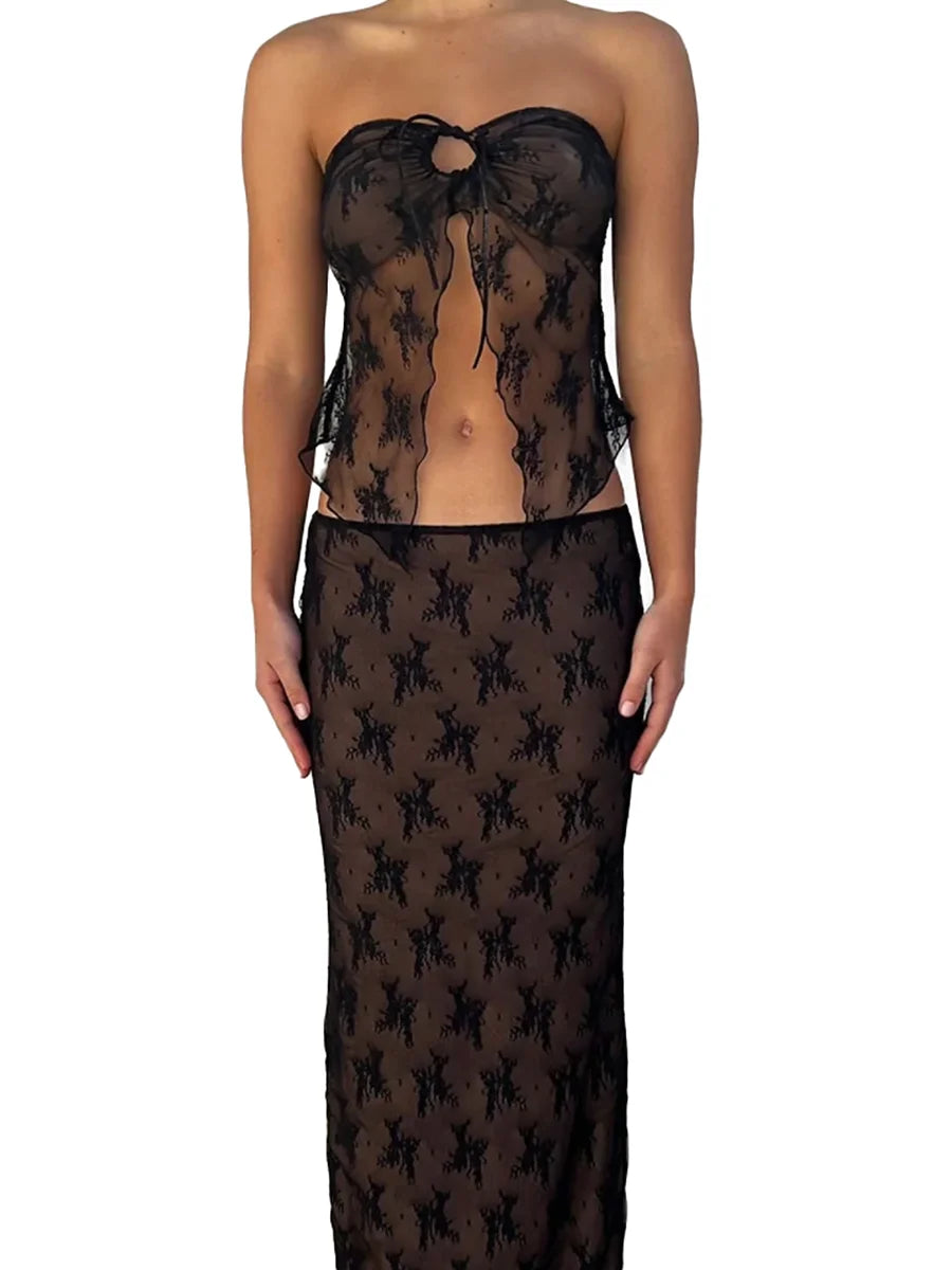 Strapless Drawstring Split-Hem Lace Outfit