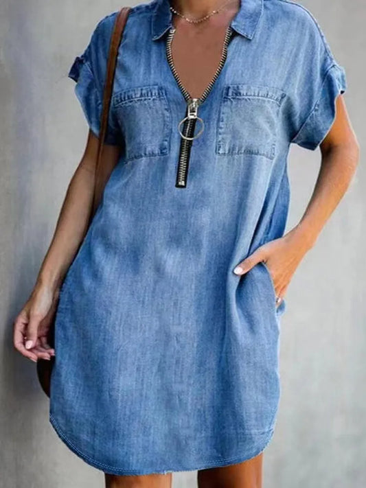 Short-Sleeve Turn-Down Collar Zipper Loose Dress - Imitation Denim