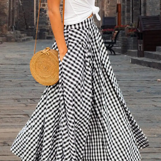 Vintage Plaid Chequered Long Bohemian Zipper Skirt