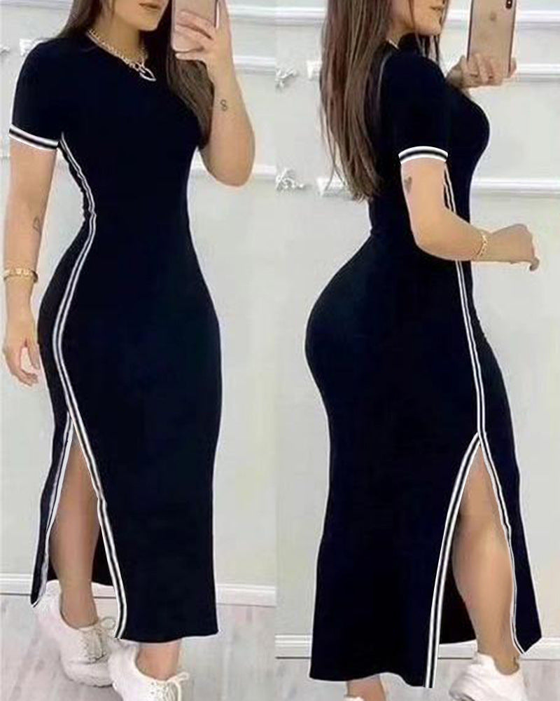 Striped High-Slit Casual O-Neck Maxi Dress