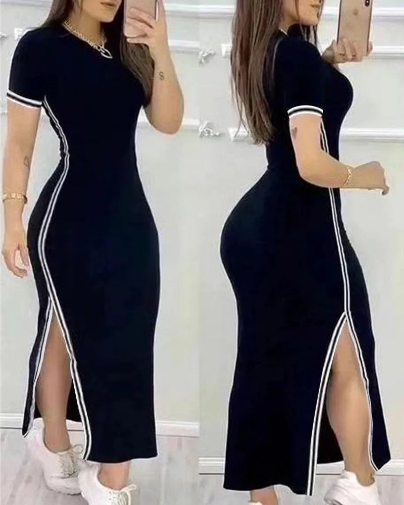 Striped High-Slit Casual O-Neck Maxi Dress