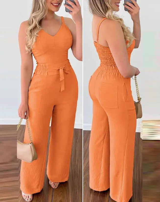 V-Neck Shirred Cami Top & High Waist Pants Set