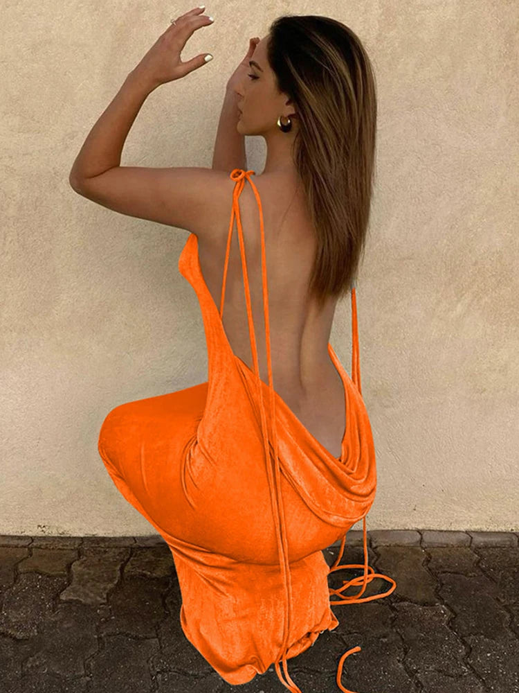 Swing-Collar Backless Sleeveless Drawstrings Hollow-Out Slit Sexy Maxi Dress