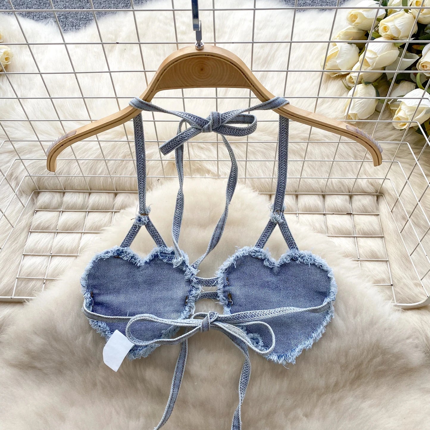 Blue American Hotsweet Sets Halter Sleeveless Backless Love Bikini Tops Button Basics Shorts Sexy Denim Suits Vintage Beach Suit
