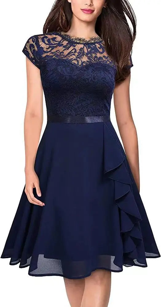 Lace Patchwork Hollow-Out Big-Swing Party Dress