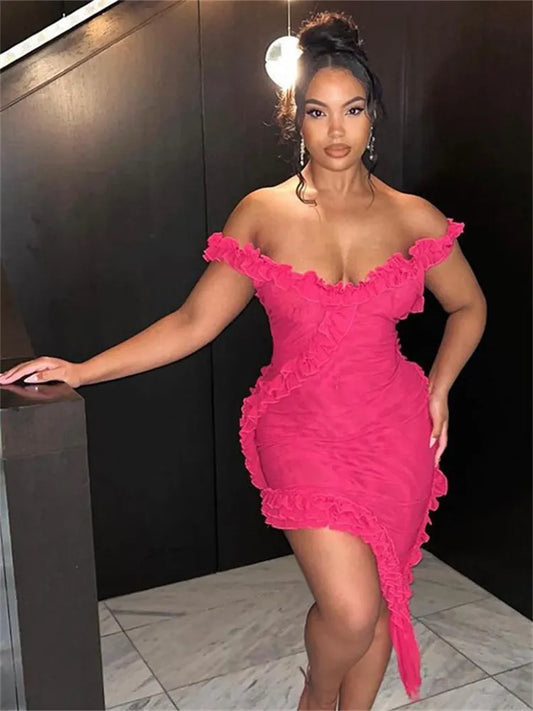 Fantoye Transparent Double-Layer Mesh Ruffles Asymmetrical Women's Backless Dress