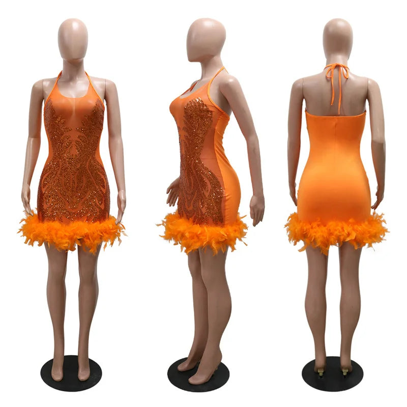 Backless Lace-Up See-Through Sequins Mesh Dress
