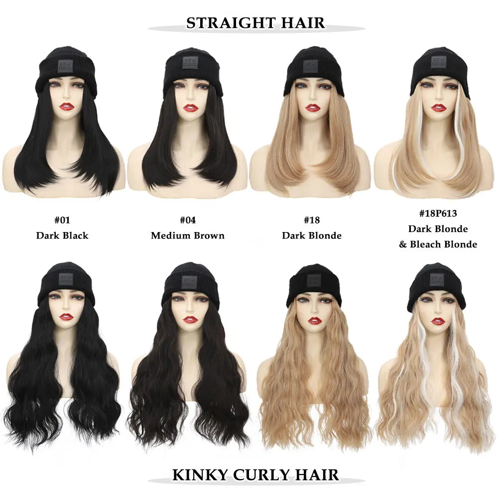 S-noilite Synthetic Black Hat Wig Beanies Hat With Hair Wigs For Women Straight Wavy Hair Warm Plush Knitted Autumn Winter Cap