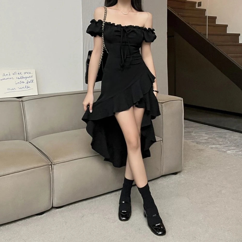 New Off-Shoulder Ruffle Irregular-Hem Dress