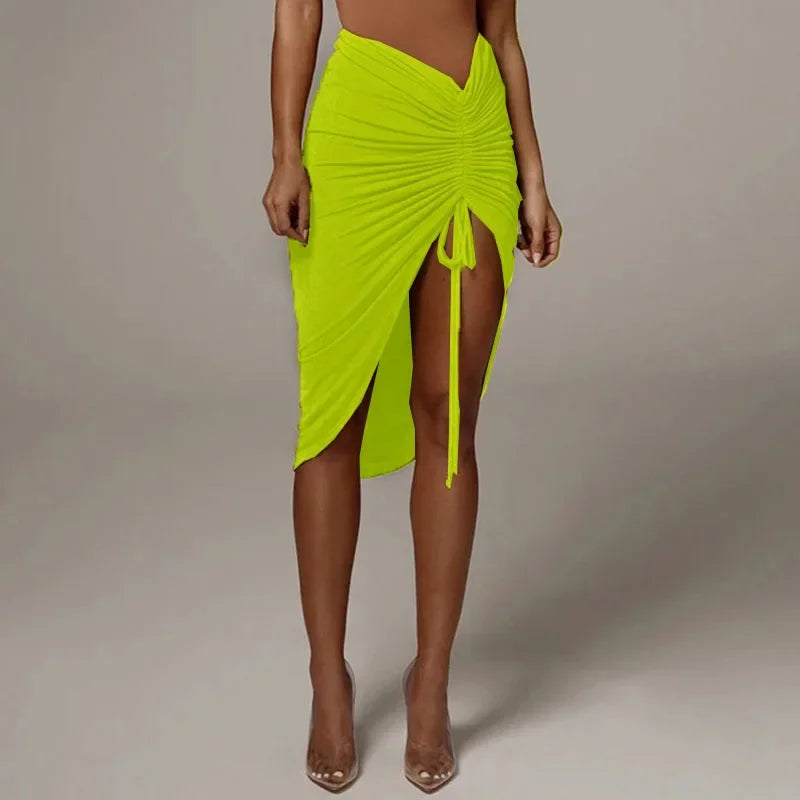 Ruched Drawstring Hip Tight Slit Skirt