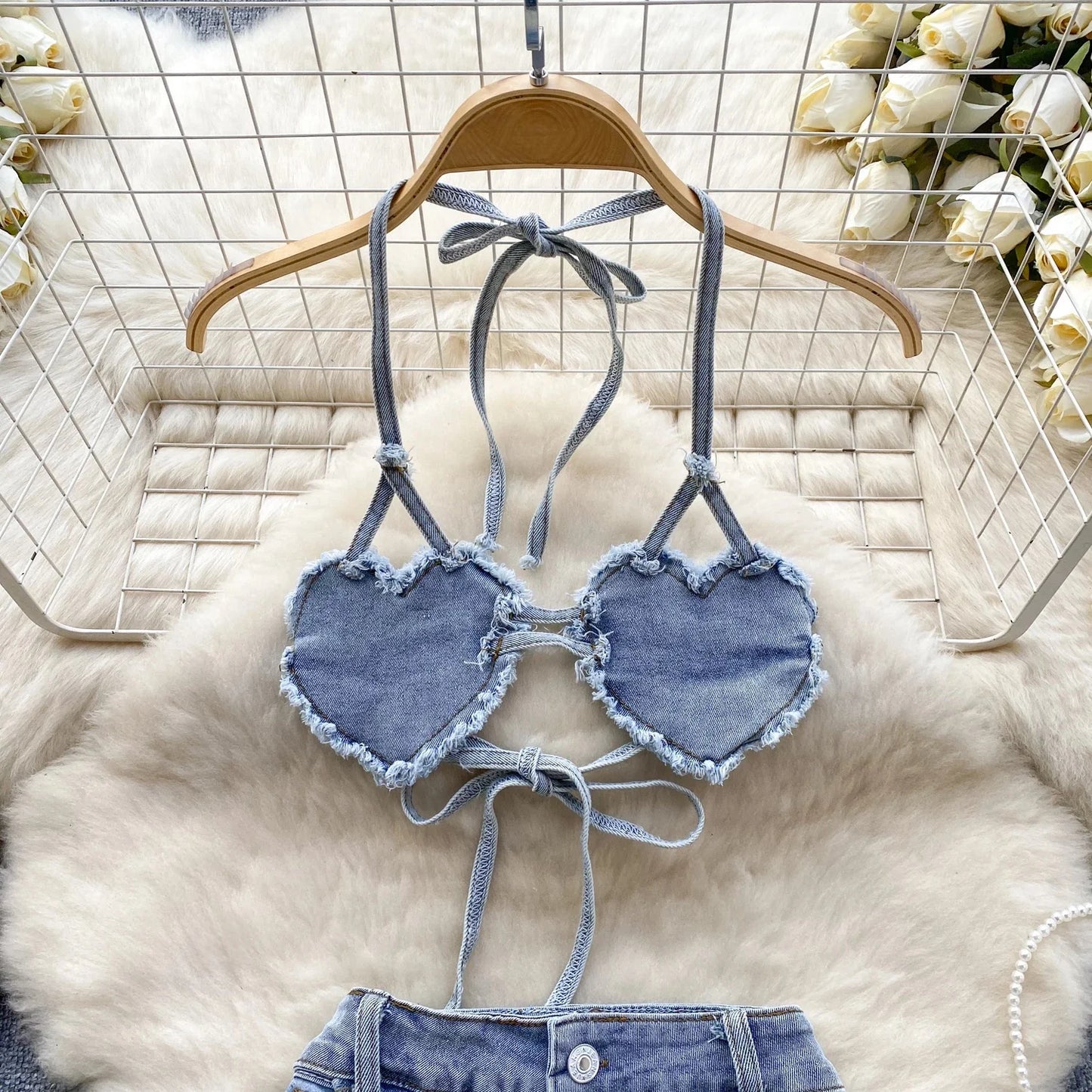 Blue American Hotsweet Sets Halter Sleeveless Backless Love Bikini Tops Button Basics Shorts Sexy Denim Suits Vintage Beach Suit
