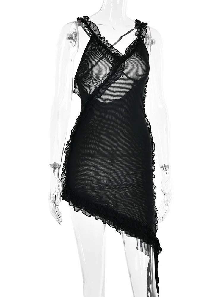 Fantoye Transparent Double-Layer Mesh Ruffles Asymmetrical Women's Backless Dress