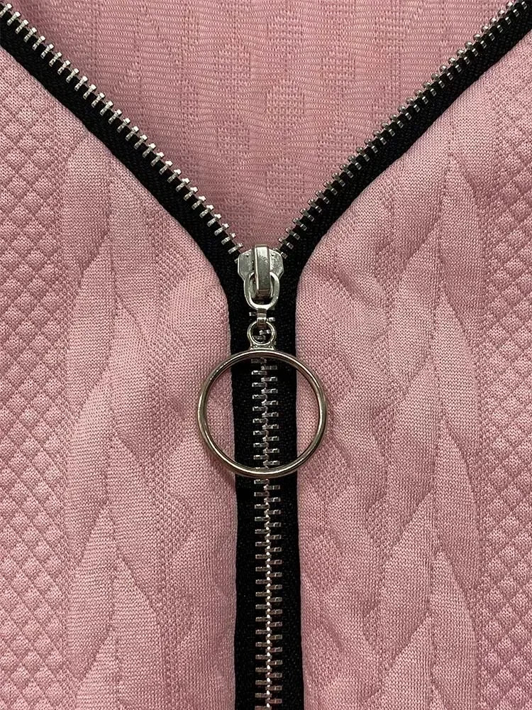 Zipper V-Neck Long-Sleeve Solid-Colour Mini Dress