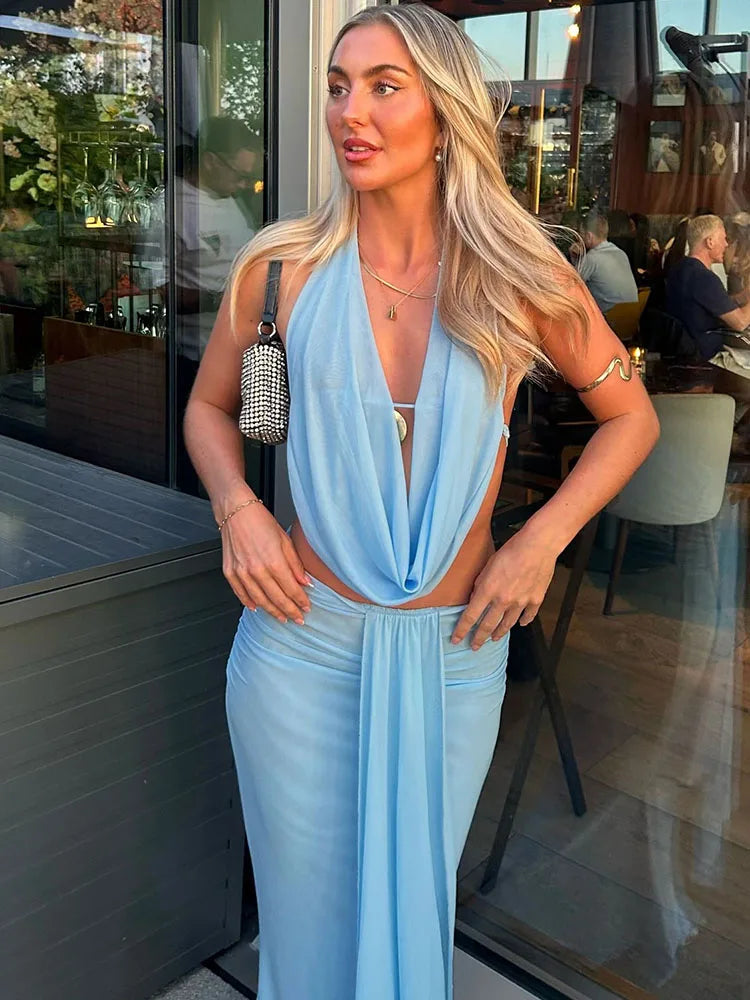 See-Through Tank Top+Ruched-Waist Maxi Skirt Outfit