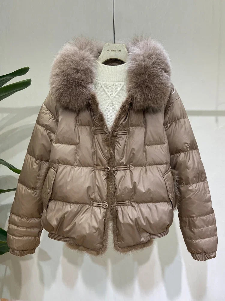 Women's New Winter Big Fur Collar Stitching Mink Short Down Jacket