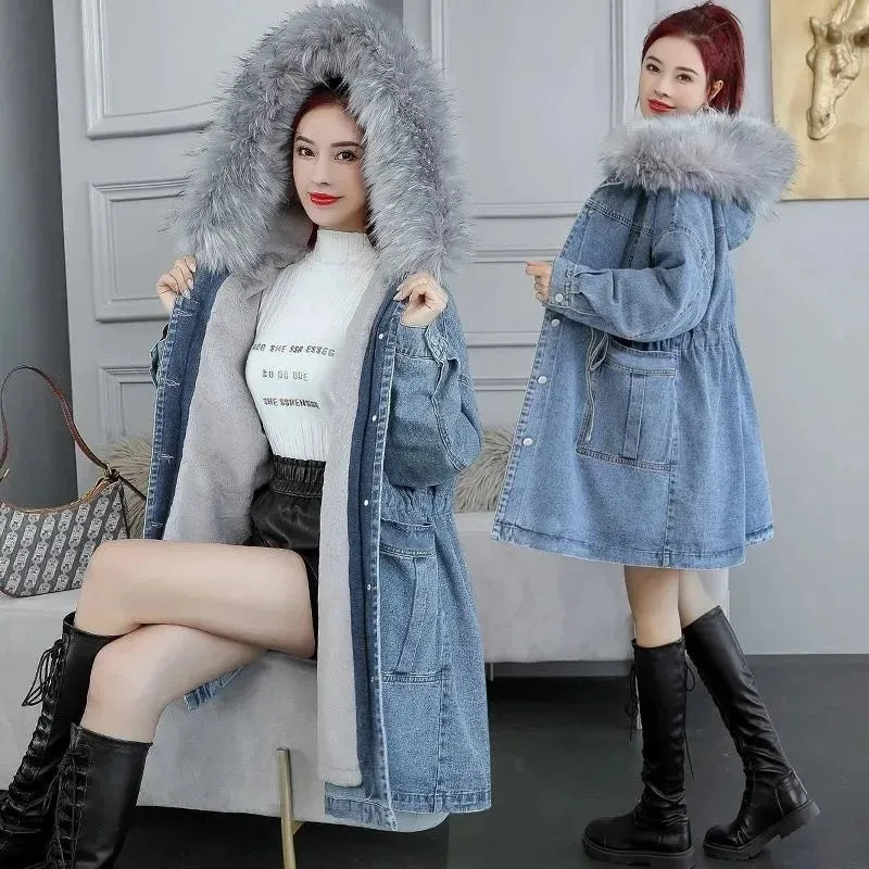 Hooded Fur-Collar Long Denim Coat For Women