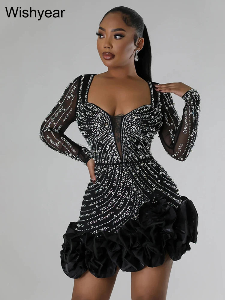 Luxury Evening Rhinestone Pearls Bodycon Ruffle Mini Dress