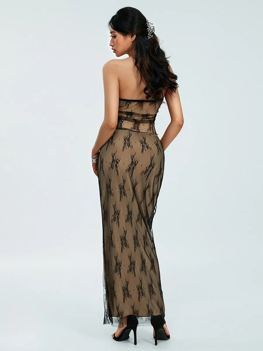 Strapless Drawstring Split-Hem Lace Outfit