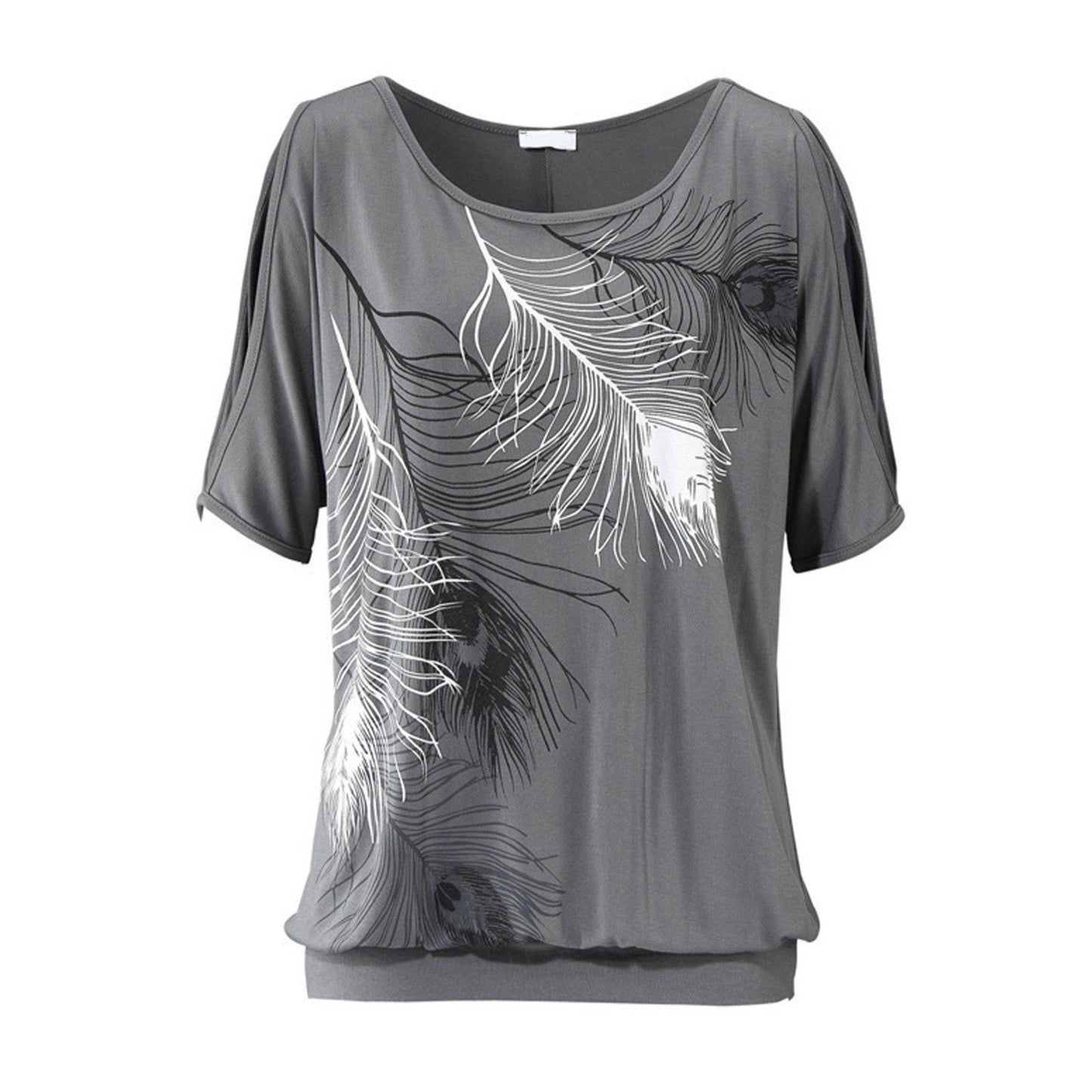 Womens Cut Shoulder Casual T-Shirt With Feather Print