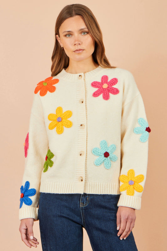 Ivory Knitted Flower Applique Cardigan
