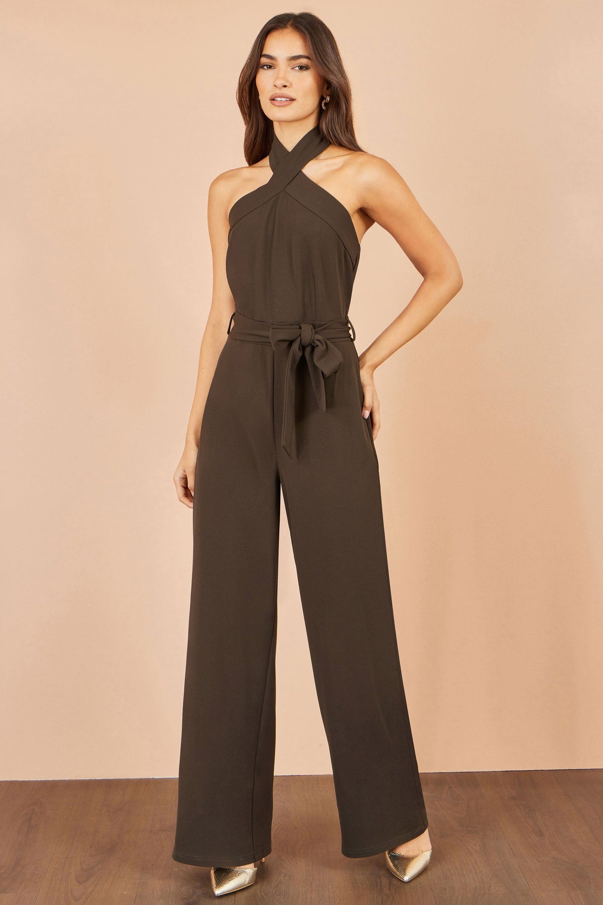 Brown Cross-Over Halter-Neck Jumpsuit
