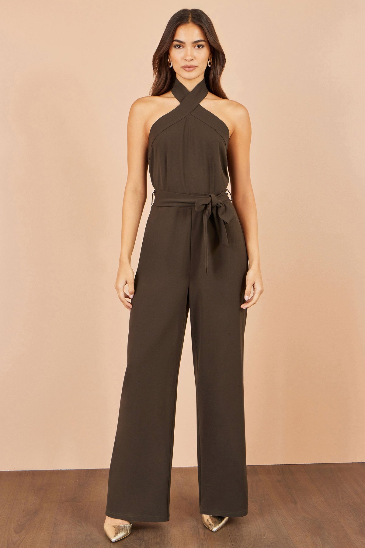 Brown Cross-Over Halter-Neck Jumpsuit