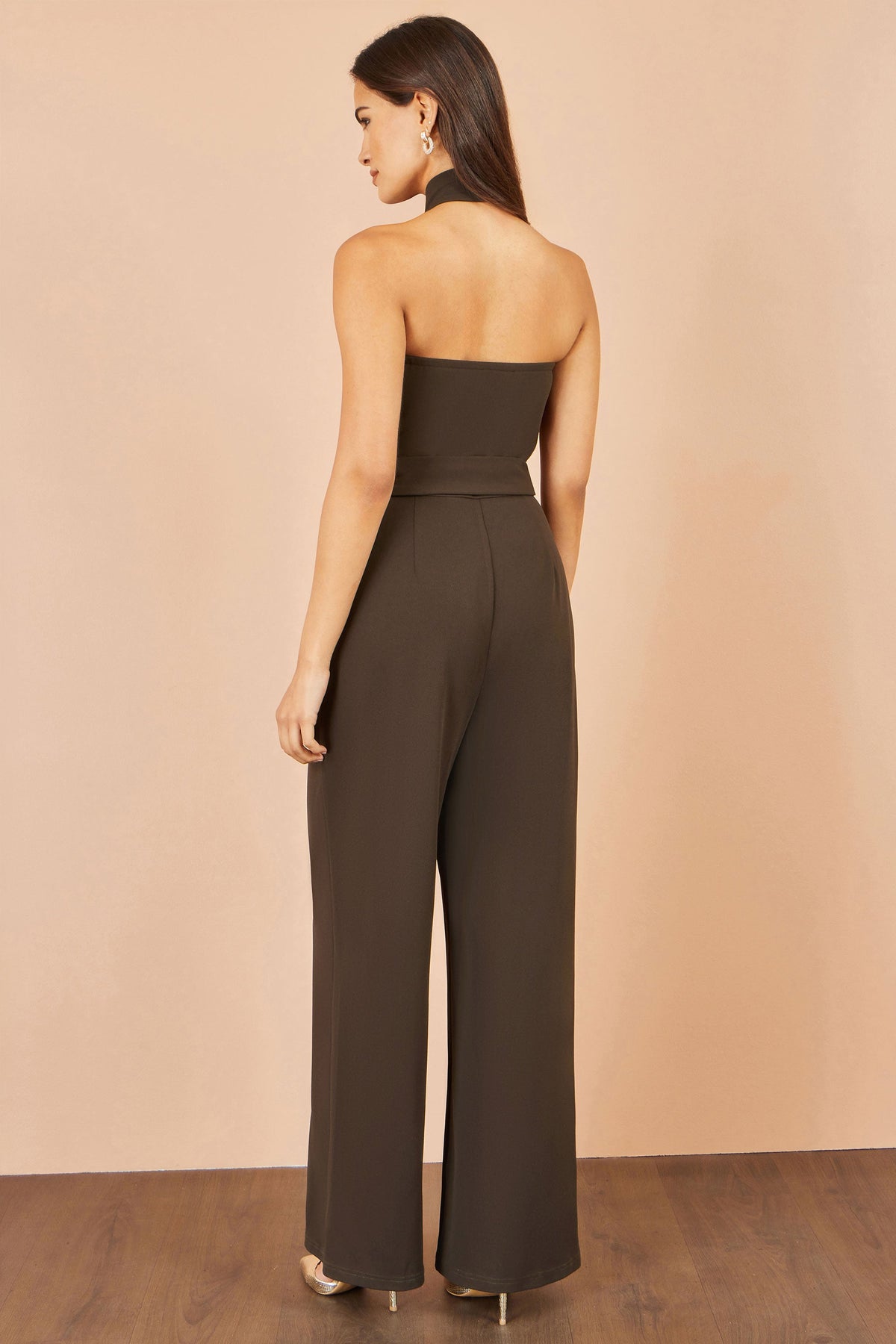 Brown Cross-Over Halter-Neck Jumpsuit