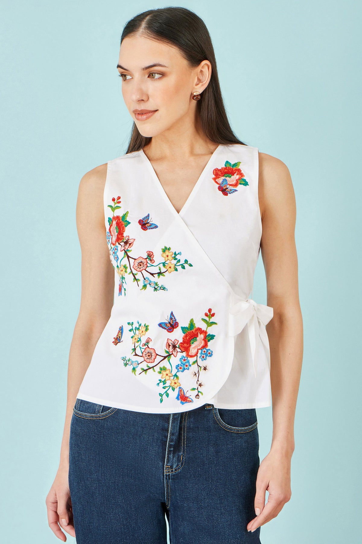 White Stretch Cotton Embroidered Wrap Top