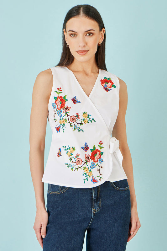 White Stretch Cotton Embroidered Wrap Top