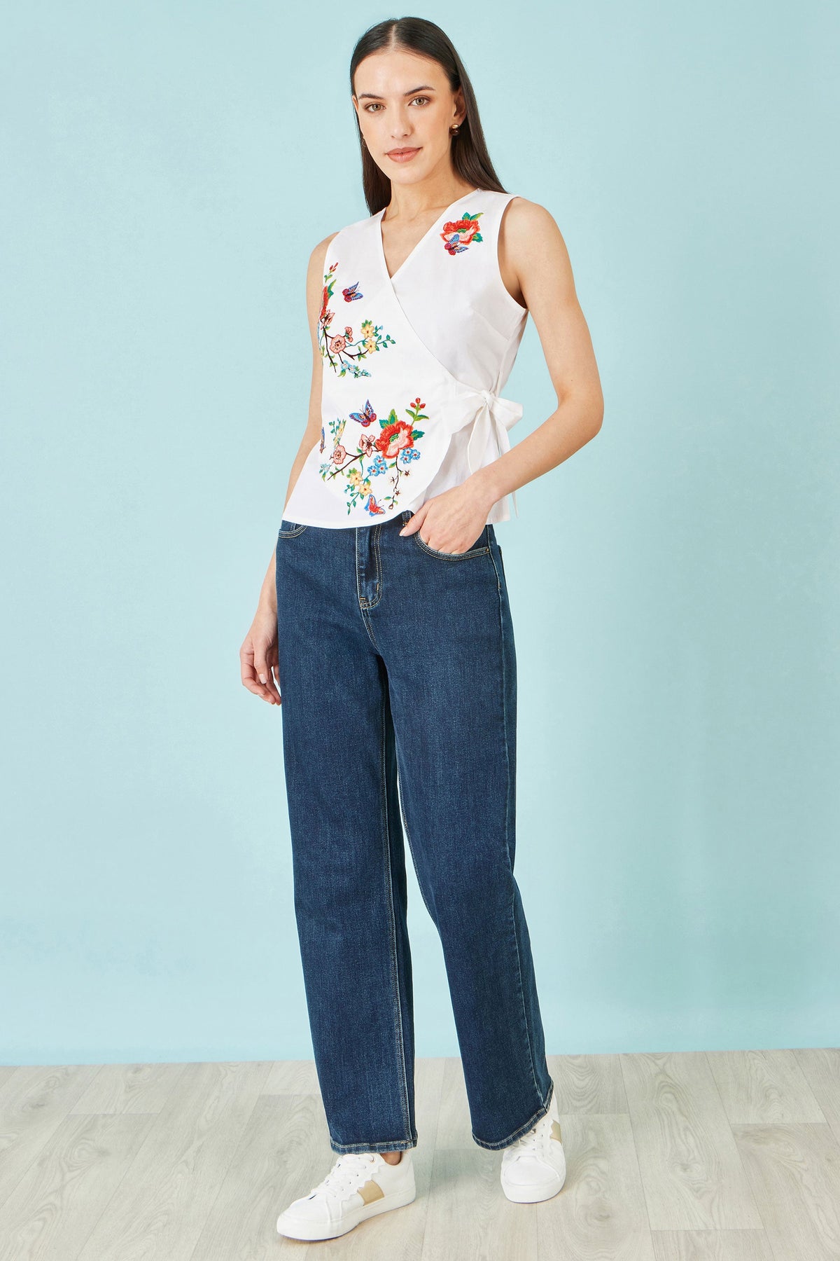 White Stretch Cotton Embroidered Wrap Top