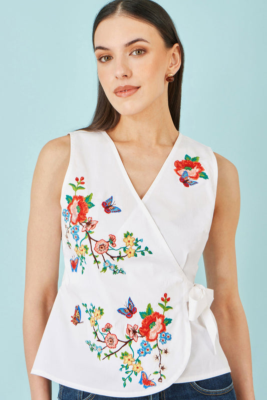 White Stretch Cotton Embroidered Wrap Top