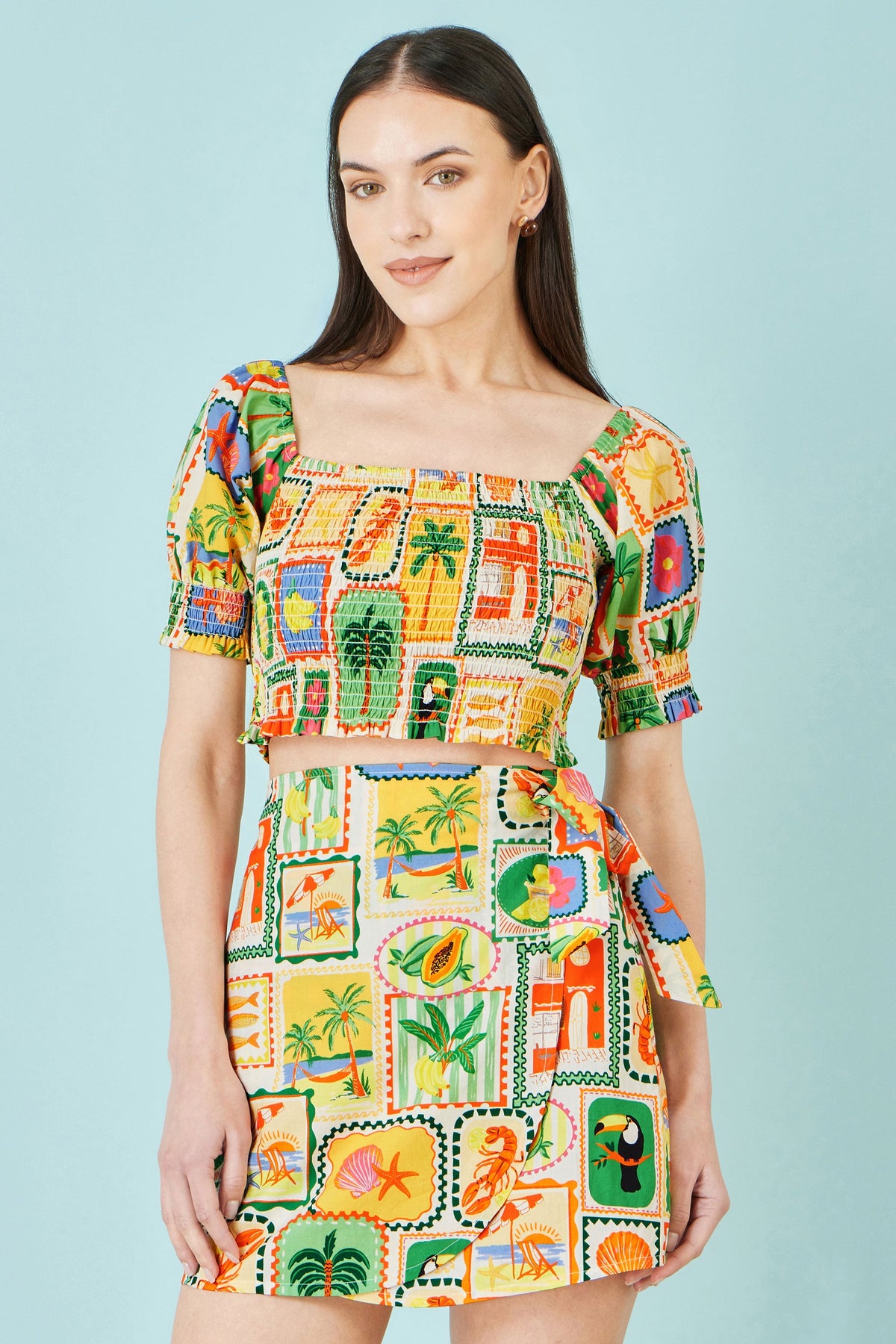 Multicolour Cropped Shirred Cotton Postcard Print Top