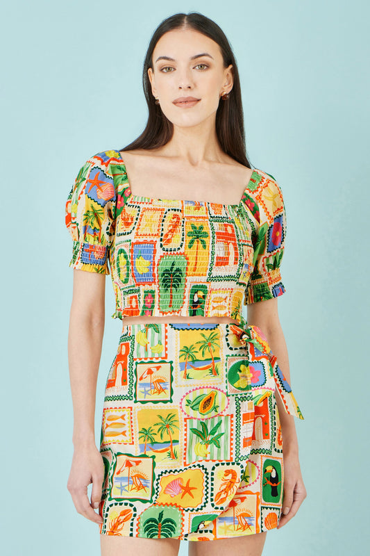 Multicolour Cropped Shirred Cotton Postcard Print Top