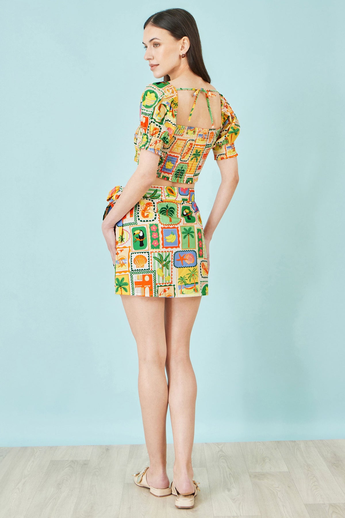 Multicolour Cropped Shirred Cotton Postcard Print Top