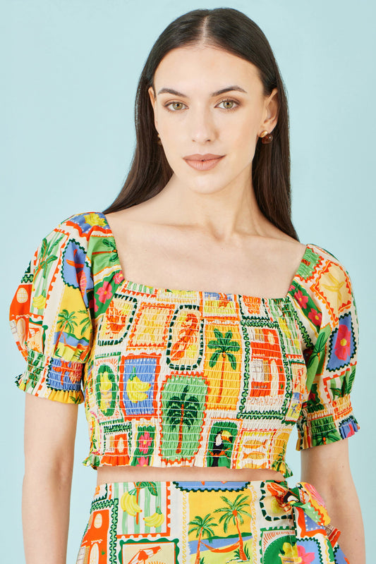 Multicolour Cropped Shirred Cotton Postcard Print Top