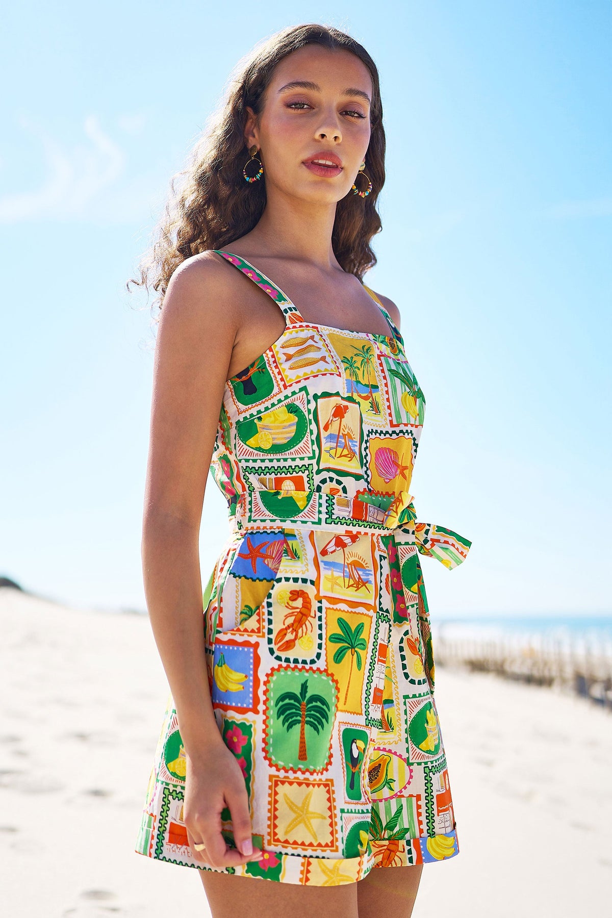 Multicolour Cotton Postcard Print Playsuit