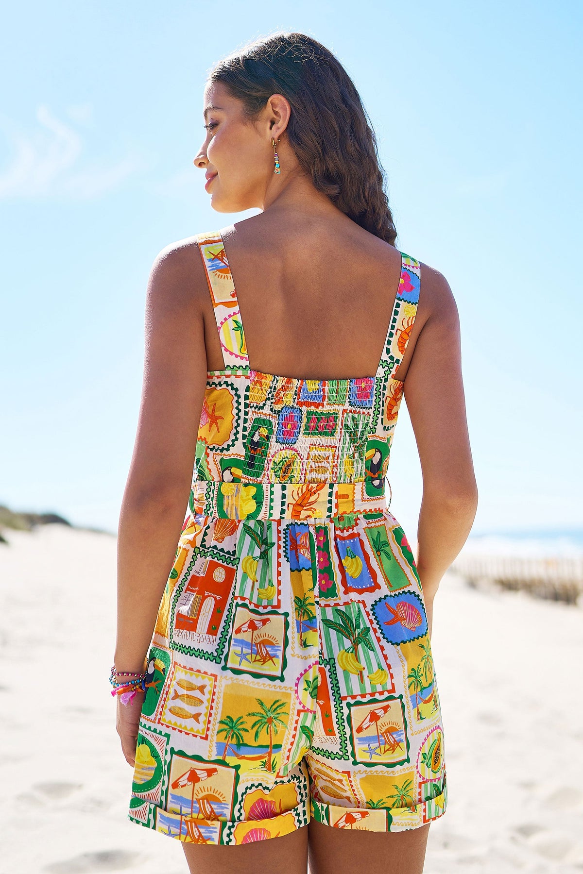Multicolour Cotton Postcard Print Playsuit
