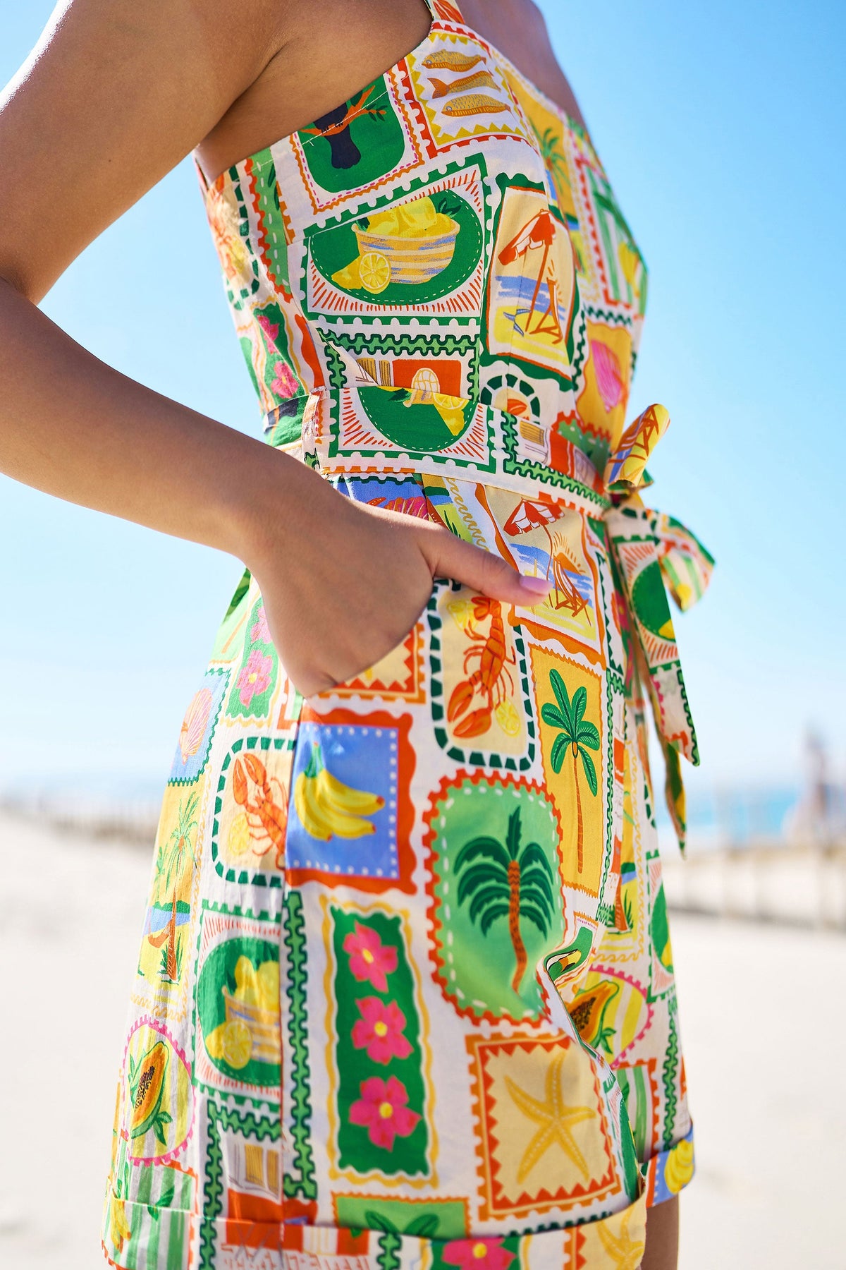 Multicolour Cotton Postcard Print Playsuit