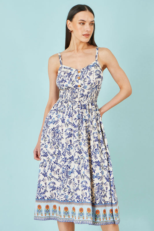 White Floral Border Print Viscose Midi Sun Dress