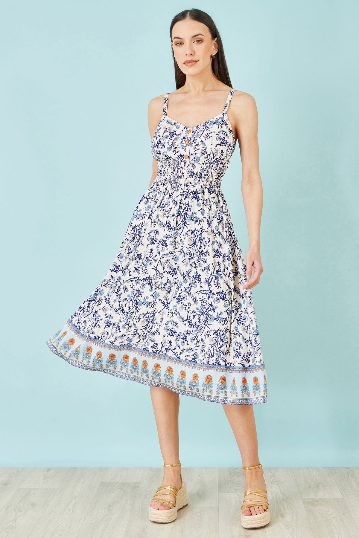 White Floral Border Print Viscose Midi Sun Dress