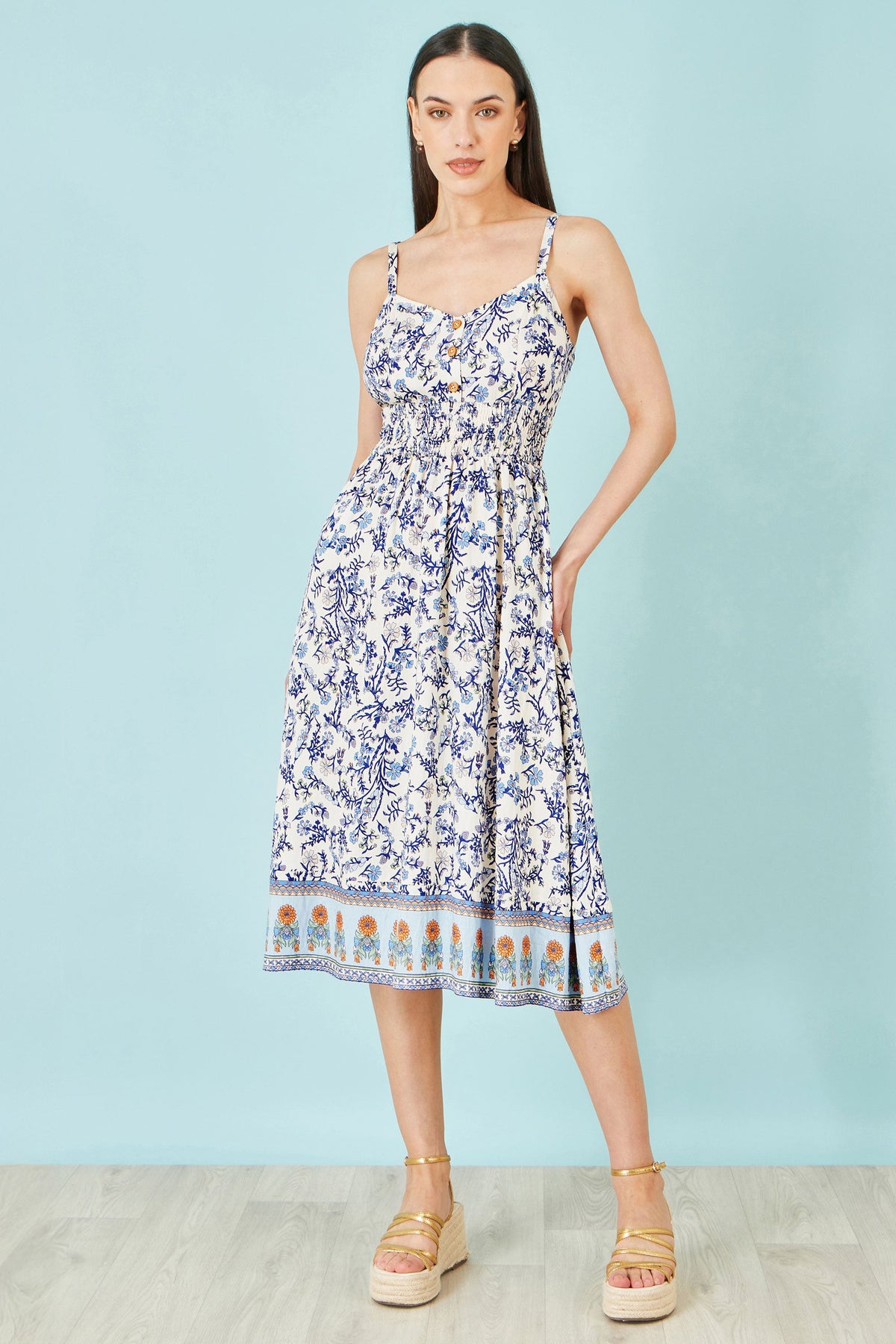 White Floral Border Print Viscose Midi Sun Dress