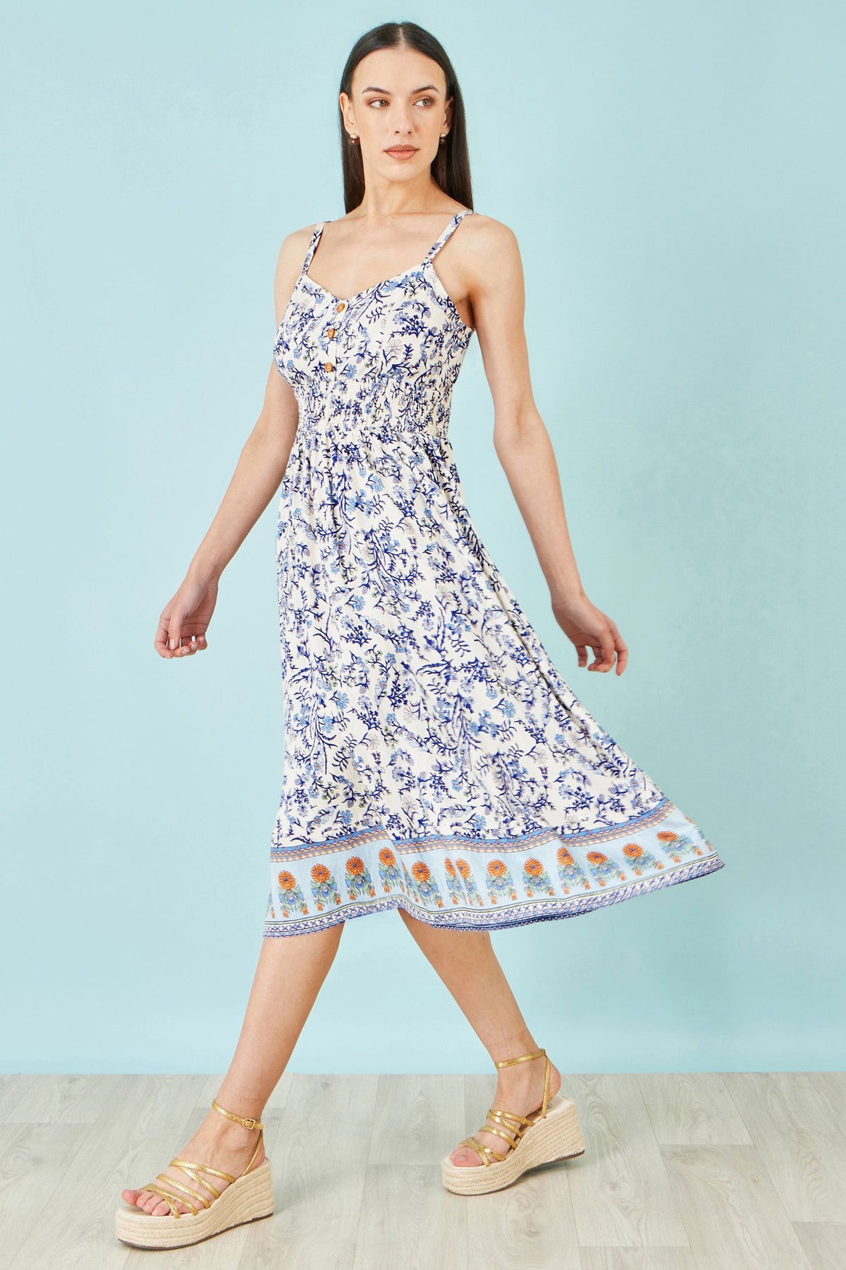 White Floral Border Print Viscose Midi Sun Dress